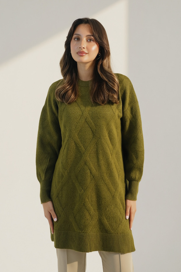 Women's Crew Neck Diamond Pattern 80cm Soft Knitwear Tunic 1140 Khaki