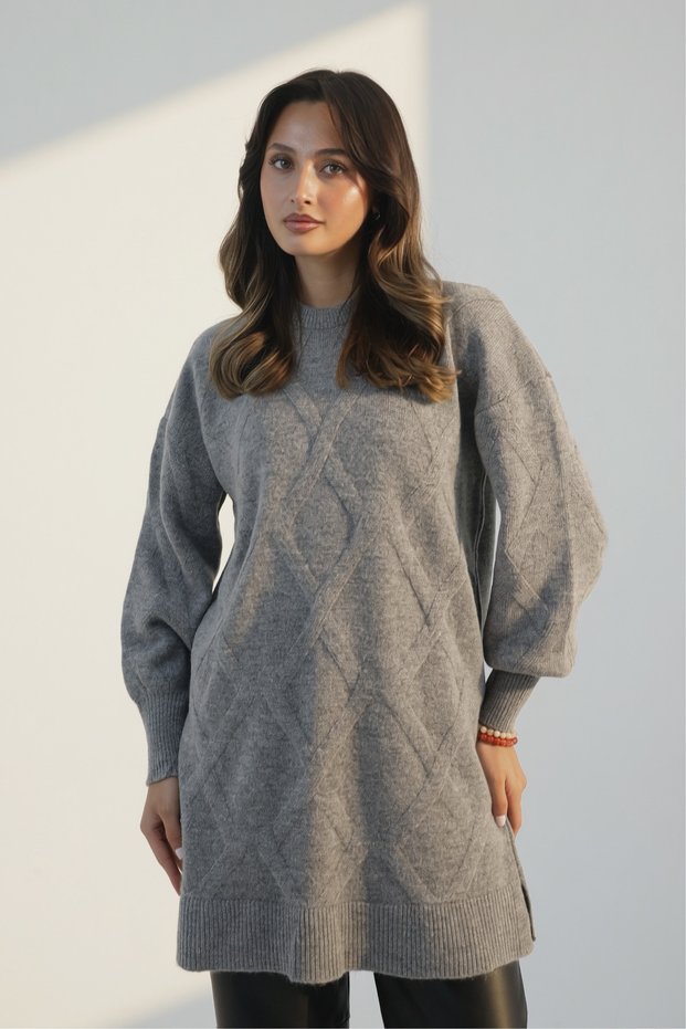 Women's Crew Neck Diamond Pattern 80cm Soft Knitwear Tunic 1140 Gray
