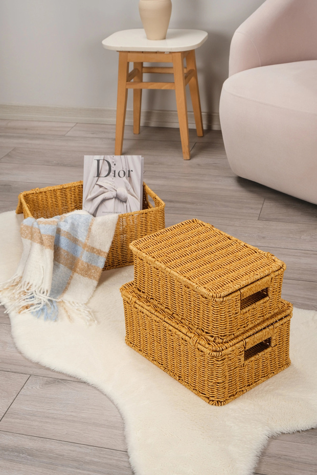 Roberta - 3-Piece Rattan Covered Rectangular Organizer Multi-Purpose Basket Set