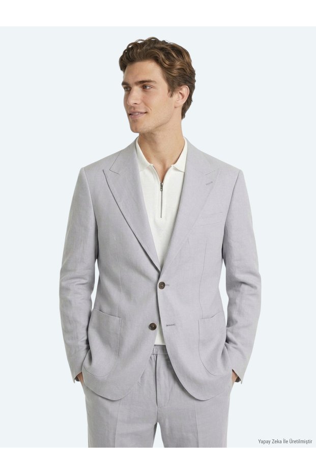 Gray Plain Modern Fit Linen Blend Suit