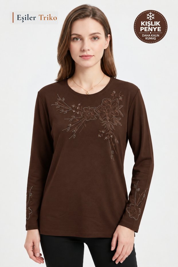 Women's Brown Winter Peony Pattern Collar and Sleeve Embroidered, Stoned Clover Fabric Mother Combed Cotton Blouse