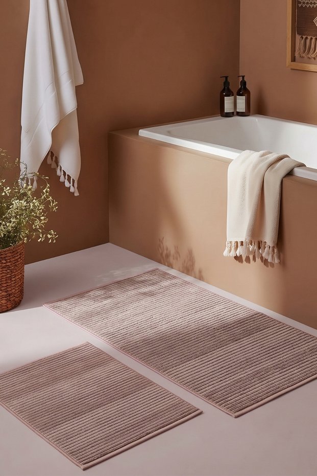 Liora Beige Cotton Soft 2-Piece Bath Mat (60X100+50X60 cm) Non-Slip Base Washable Modern