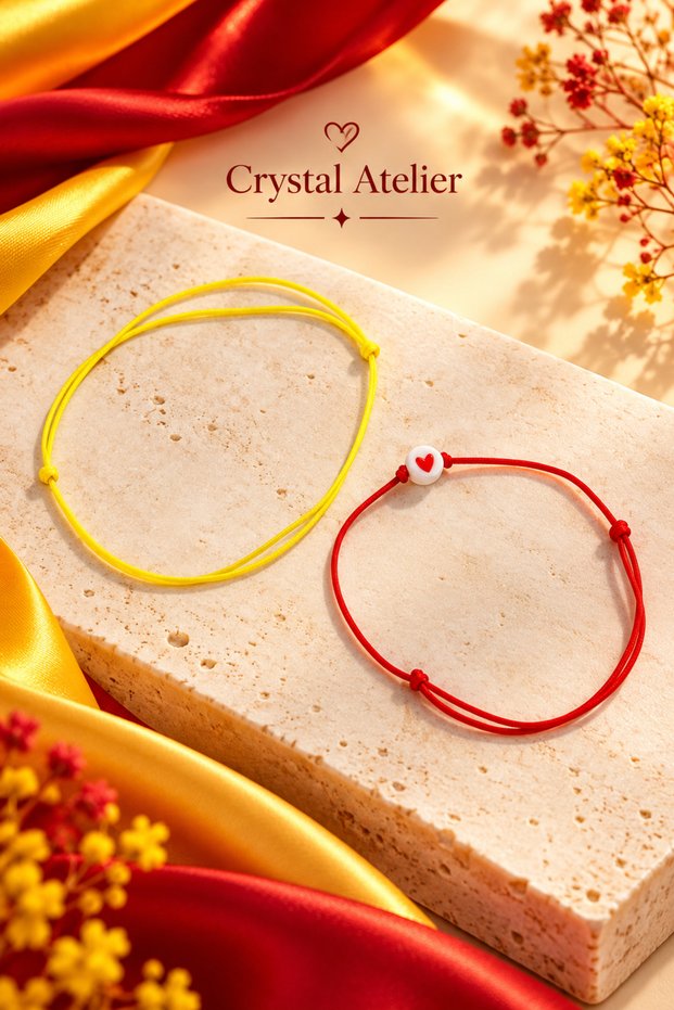 Hearted Yellow Red String Fan Bracelet Adjustable Unisex Macrame