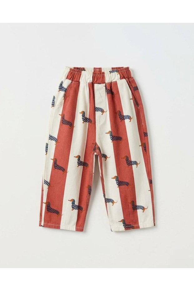 Children's Cotton Balloon Pants - Red Striped with Sausage Dog Pattern (2-7 Years)