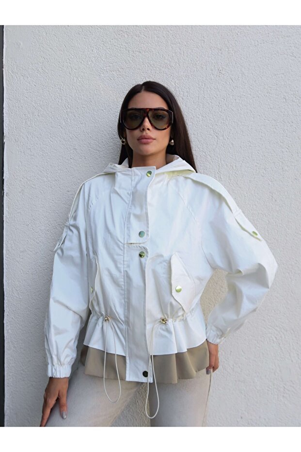 Elastic Waist Hooded Trench Coat