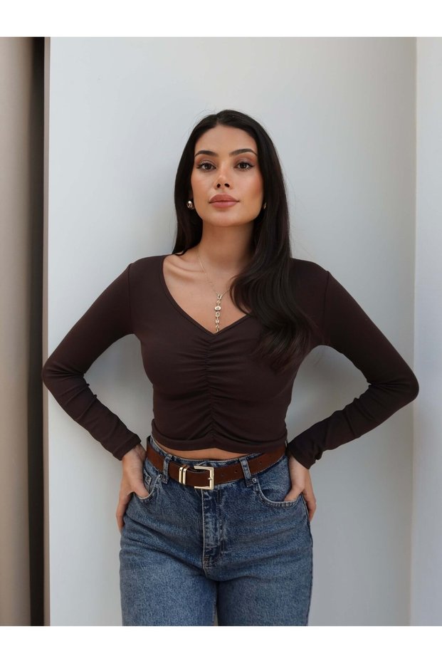 Gathered Front V-Neck Long Sleeve Blouse