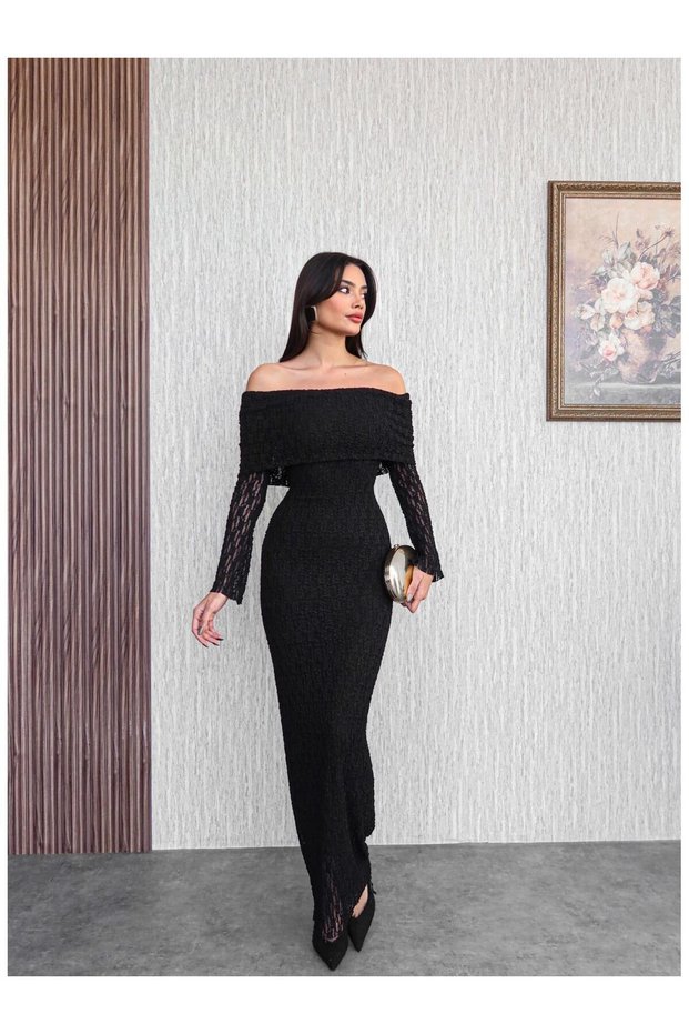 Open Shoulder Guipure Patterned Long Dress