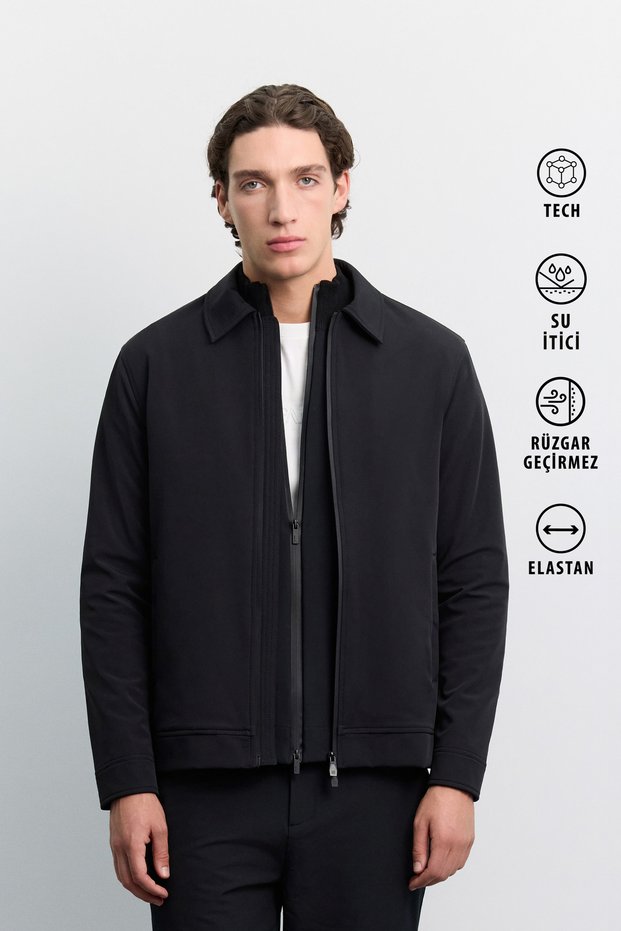 Men's Black Classic Collar Lightweight Windproof Water Repellent Technical Fabric Comfort Fit Coat A62Y6053
