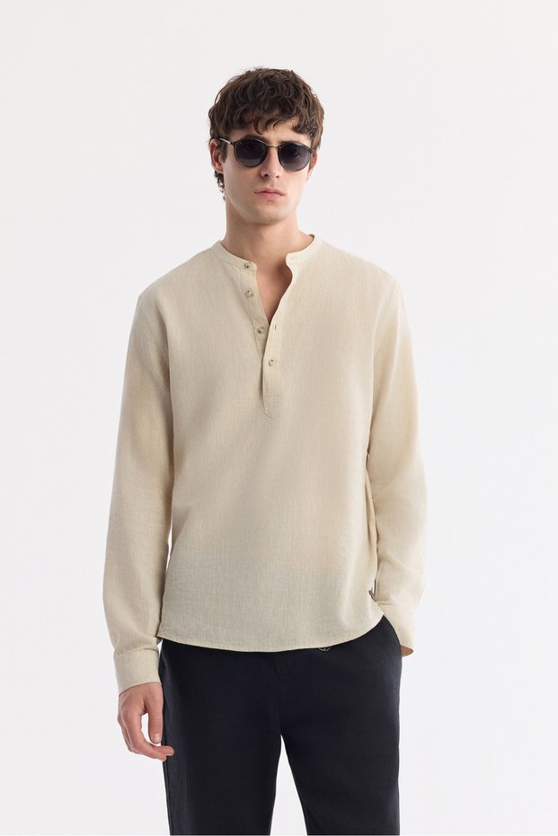 Men's Beige Judge Collar Linen Blend Comfort Fit Shirt A51Y2147