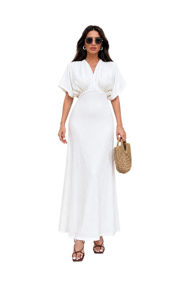 Vs-1017 Pimiento White V-Neck Flounce Sleeve Midi Dress