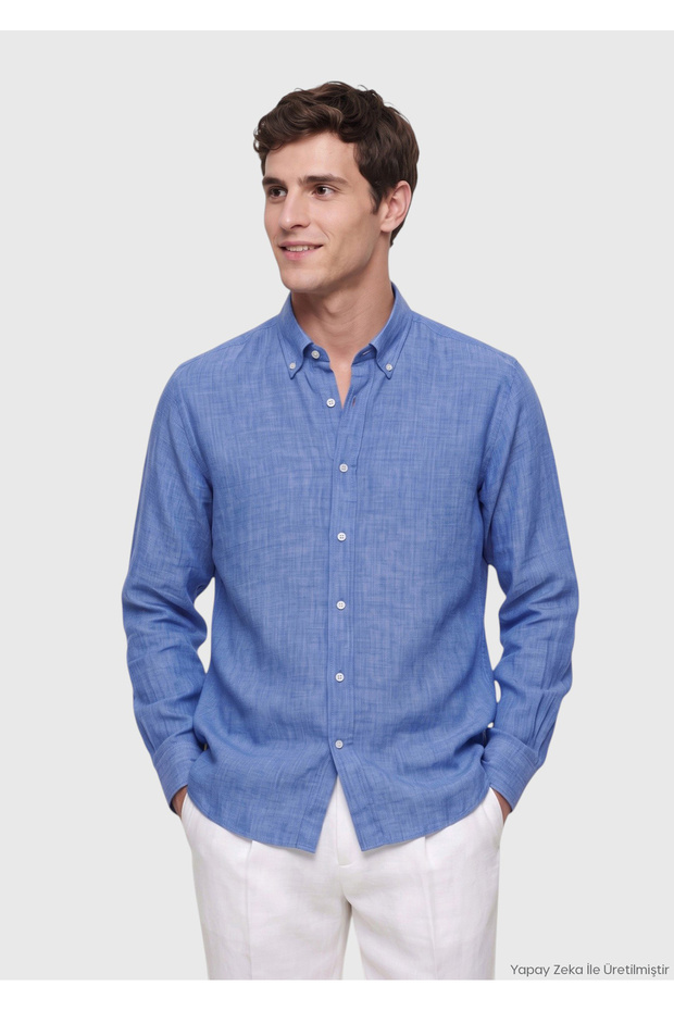 Dark Blue Plain Casual Fit Long Woven Casual 100% Linen Shirt