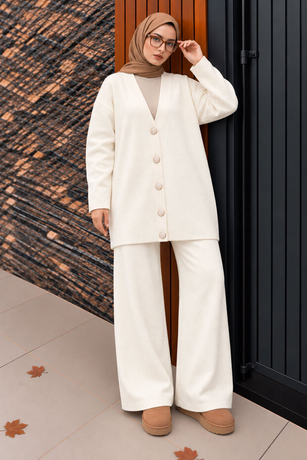 Buttoned stone knit cardigan set tsd240932 white