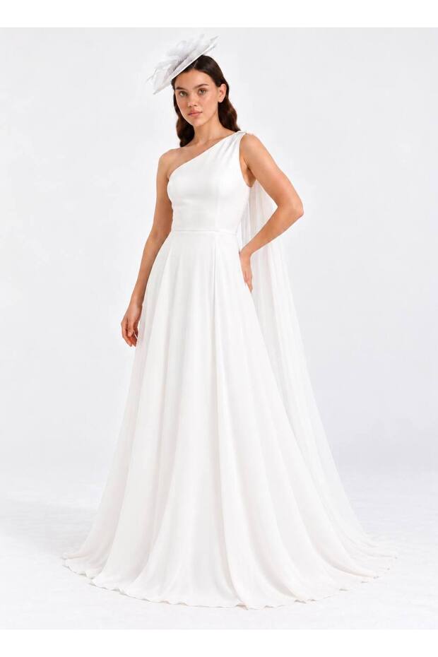 One Sleeve Crepe Chiffon Detailed Wedding Dress Promise Dress Engagement Dress