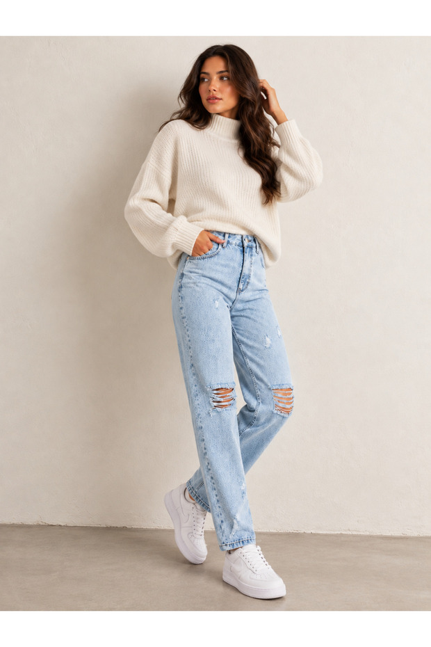 BUZKAR WOMEN'S RIPPED Mom Jeans, HIGH-WAISTED