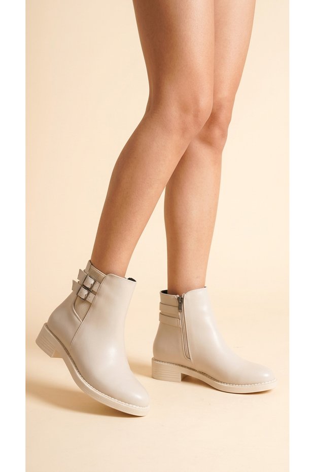 Low Heel Women's Bootie with Side Elastic and Double Buckle Detail with Zipper