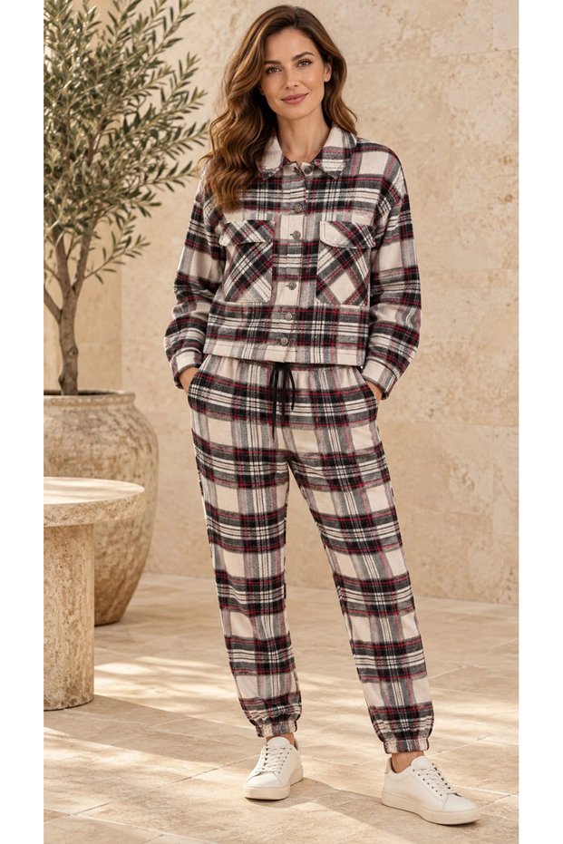 Women's Gray Plaid Patterned V-Neck Buttoned Top and Jogger Trousers Two-Piece Set