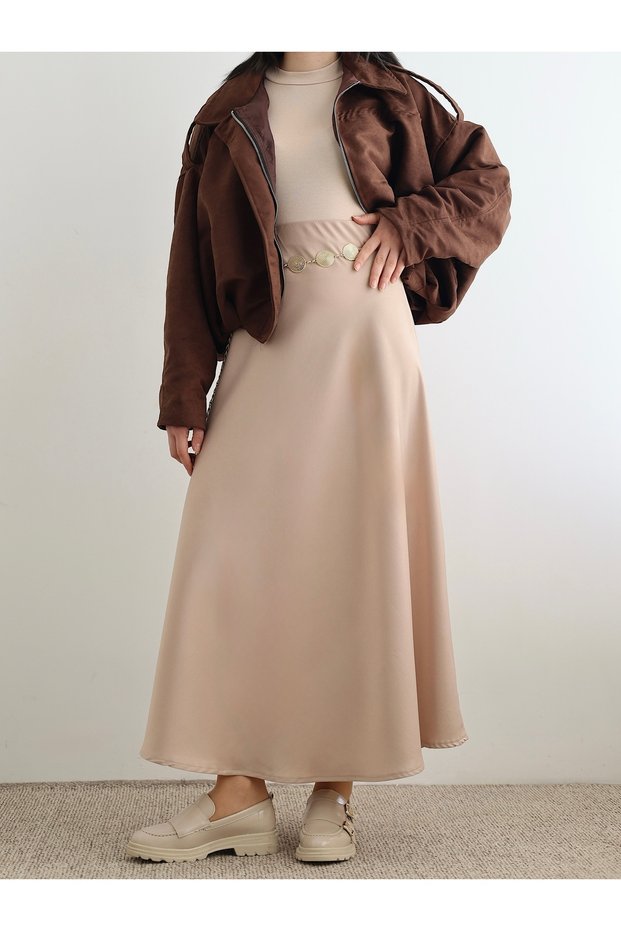 Satin Flared Skirt - Beige