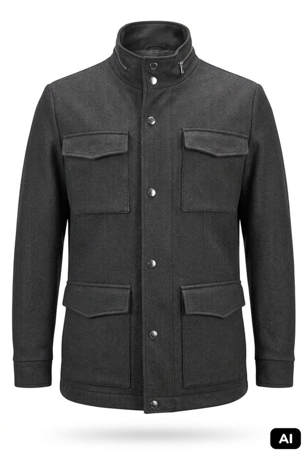 Black Regular Fit Standard Fit Stand Collar Herringbone Patterned Quilted Coat