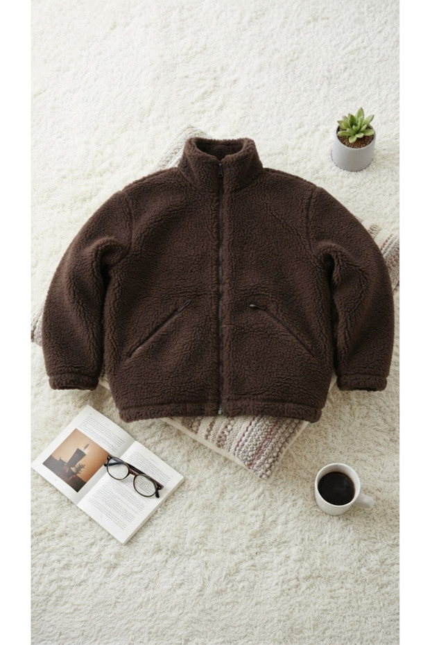 Coffee-Colored Plush Wellsoft Mock Neck Zippered Pocket Oversized Plush Jacket