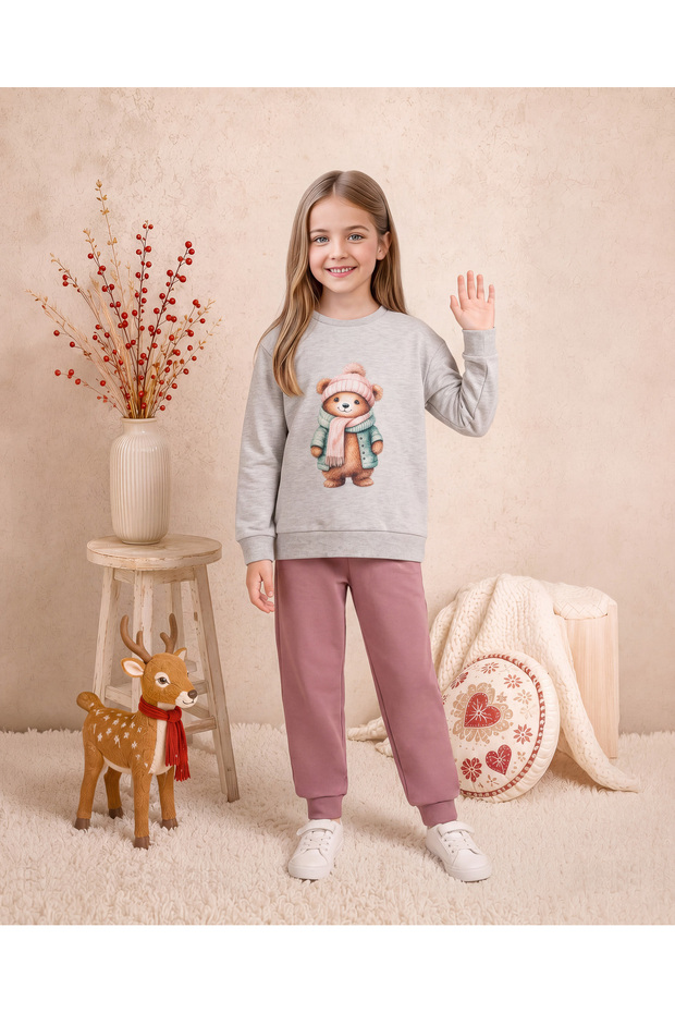 Girls & Baby Interlock Teddy Bear Printed Ribbed Long Sleeve Pajama Set Gray