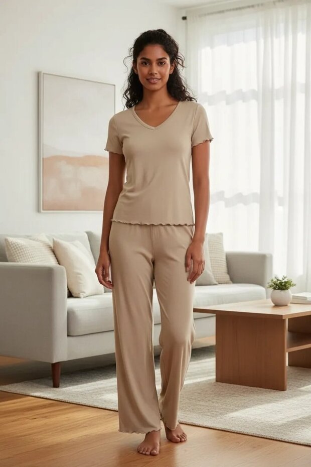 Women's Beige Soft Textured Minimal V-Neck Ruffle Top Stylish Casual Blouse