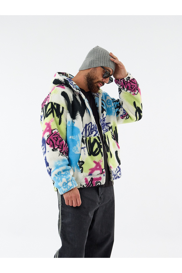 Full Graffiti Patterned Zippered Men's Plush Jacket Coc3607