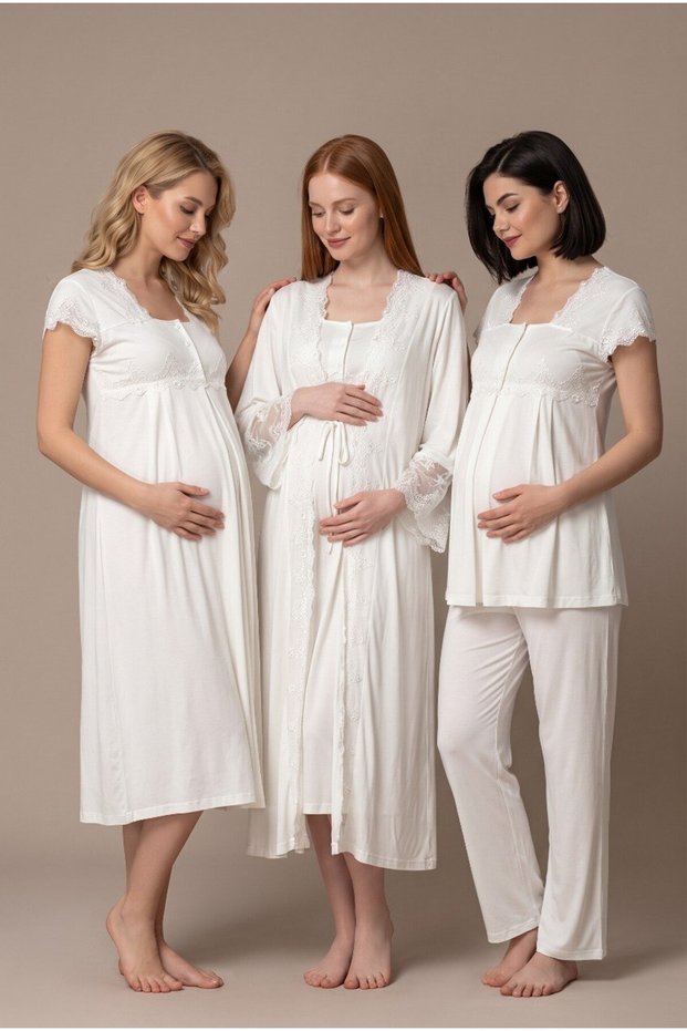Women's Ecru Lace Maternity Nightgown and Pajama Set with Easy Nursing Features