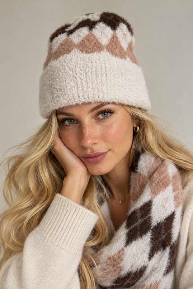 Baklava Pattern Beanie - Angora Soft Knitwear Plaid Checkered Hat