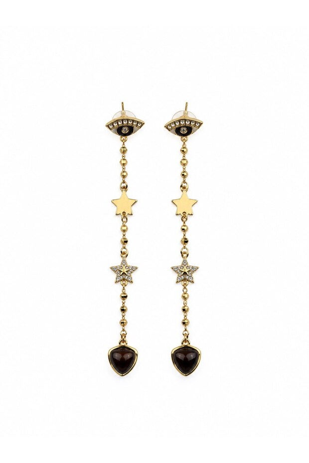 Brown Enamel Gold Earrings with Eye Figure and Star Detail