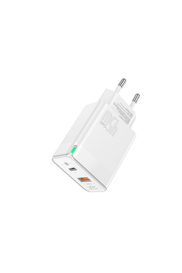 BTC-25 45W GaN Fast Charger Dual Port PD 3.0 USB-C + USB-A, EU Plug, With USB -C to Lightning Cable - White