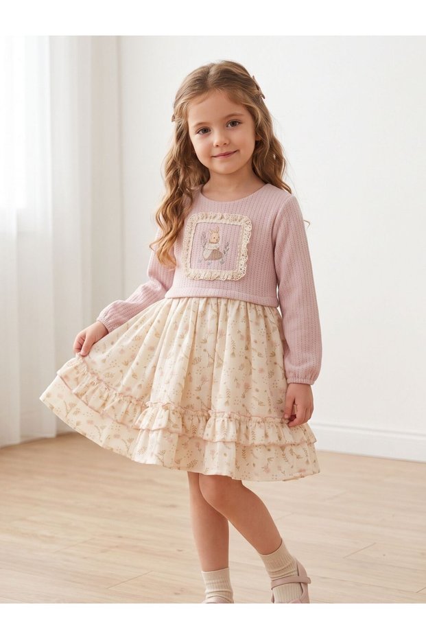 Cotton Girls' Special Design Rabbit Embroidered Layered Ruffle Dress