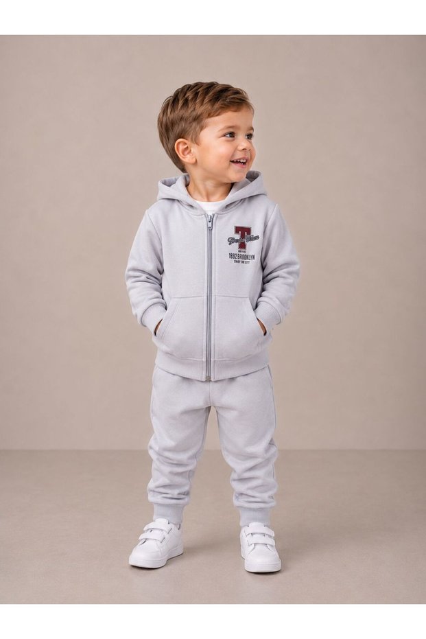 Basic Patterned Hooded Kangaroo Pocket Zippered Printed Boy's Cardigan/Elastic Waistband Sweatpants 3-Piece Set