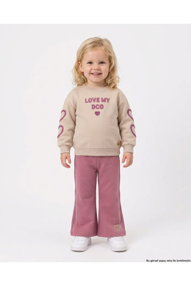 Girl's Winter 3-Strand Ribbon Heart Detailed, Collared, Thick Tracksuit Set for Ages 2-3-4-5-6
