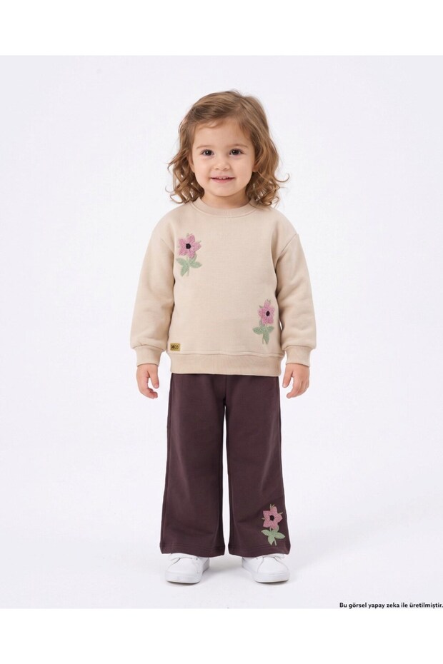 Girl's Winter 3-Thread Ribbed Thick Tracksuit Set with Rose Embroidery Detail, Ages 2-3-4-5-6