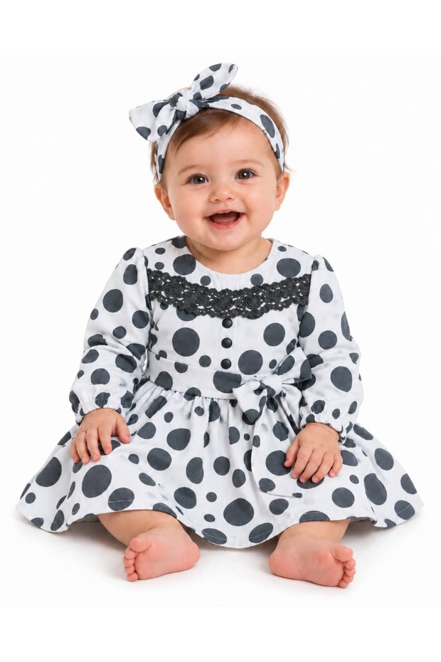 3-18 Months Baby Girl Polka Dot Lace Detailed Dress and Headband Set