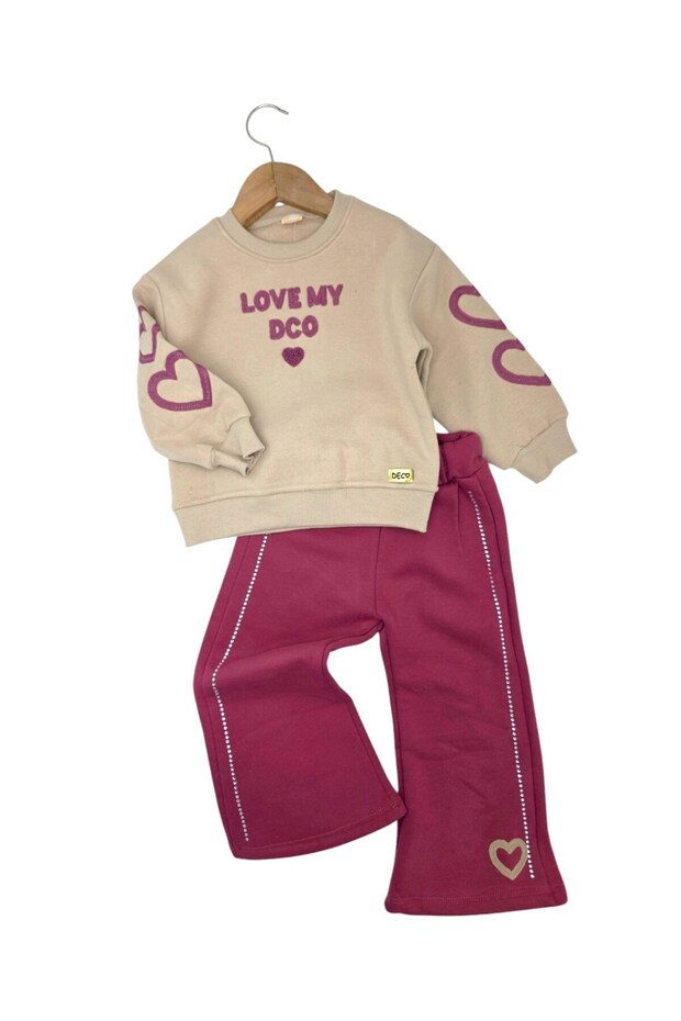 Girl's Winter 3-Strand Ribbon Heart Detailed, Collared, Thick Tracksuit Set for Ages 2-3-4-5-6