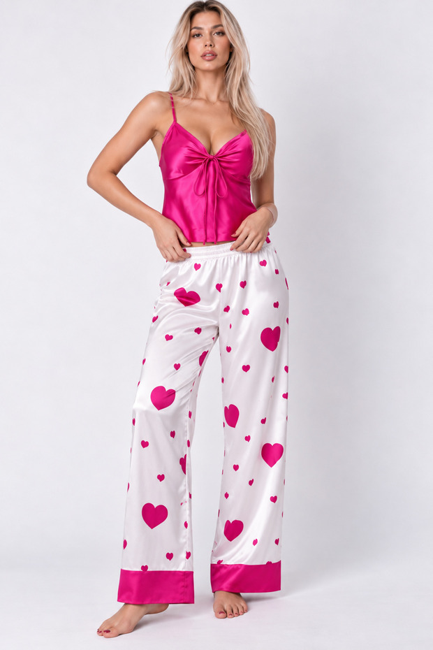 Printed Soft Satin Strap Athlete Pants Set Nightgown