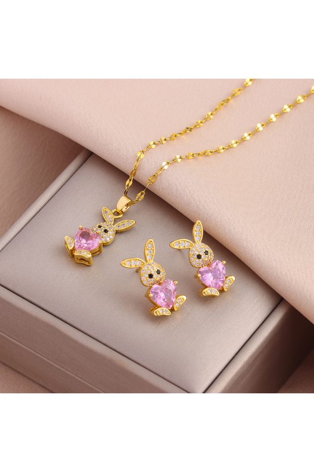 6097 pink New 316L Stainless Steel Cute Zircon Rabbit Necklaces Earrings For Women Trendy Female Jew