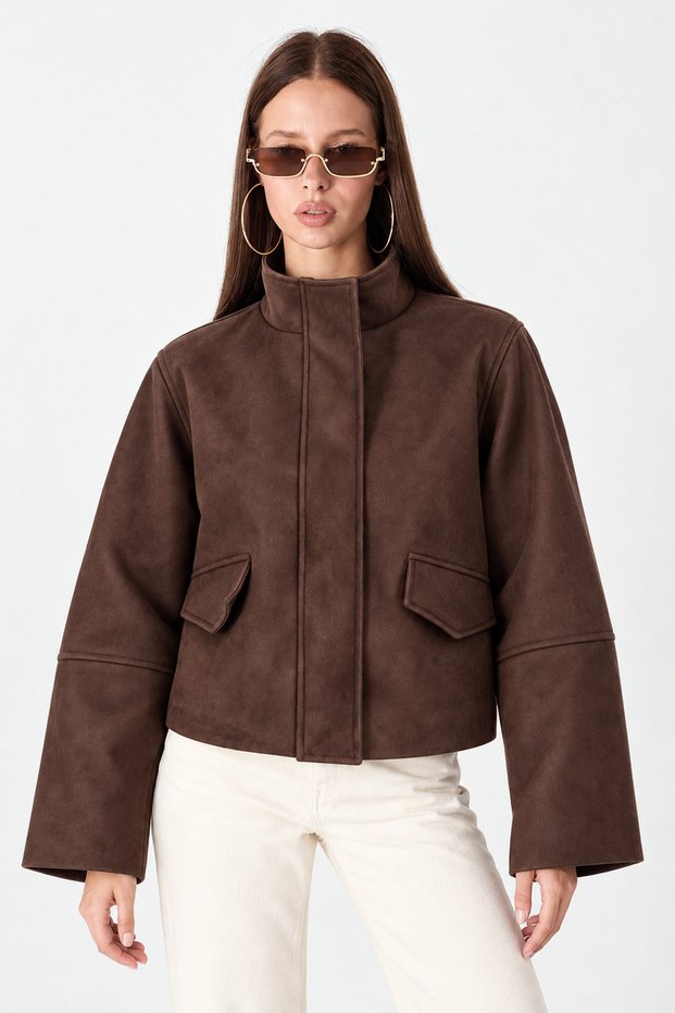 Women's Stand Collar Oversized Short Suede Jacket with Hidden Zipper and Flap Pockets