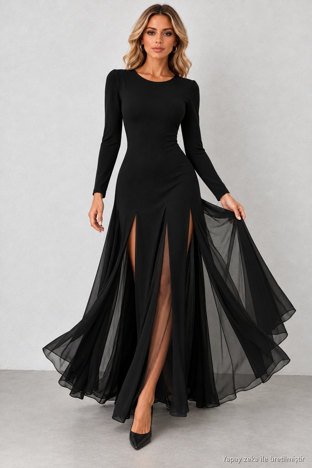 Night Glow – Women's Crew Neck Long Sleeve Multi-Slit Look Tulle Detailed Black Maxi Crepe Evening Dress