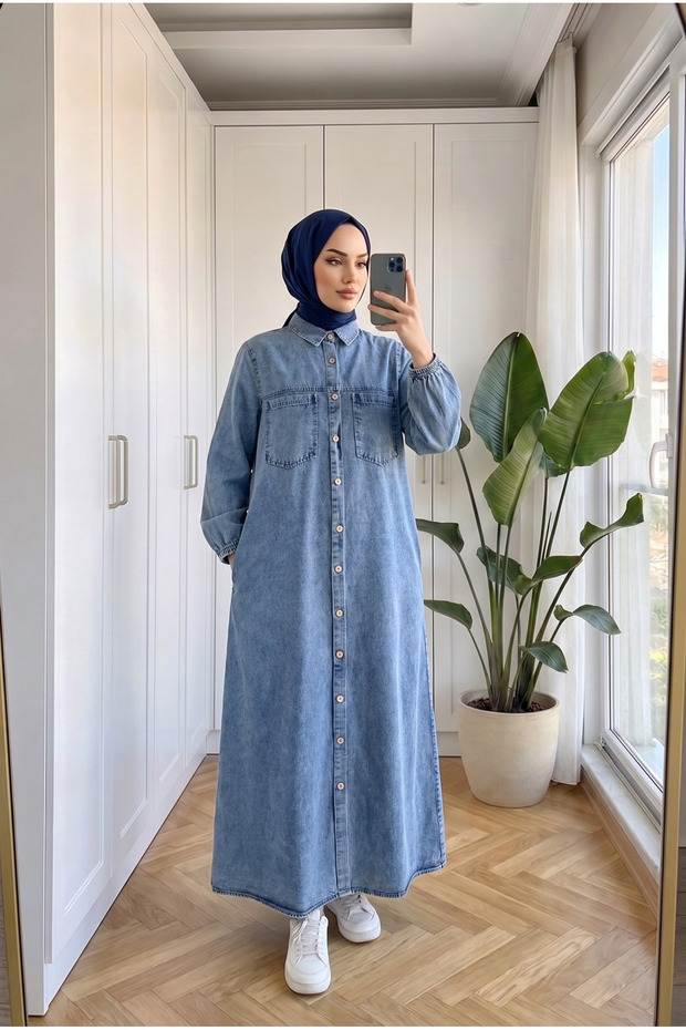 Women's Denim Jeans Dress Buttoned Pocketed Long Dress 135 cm