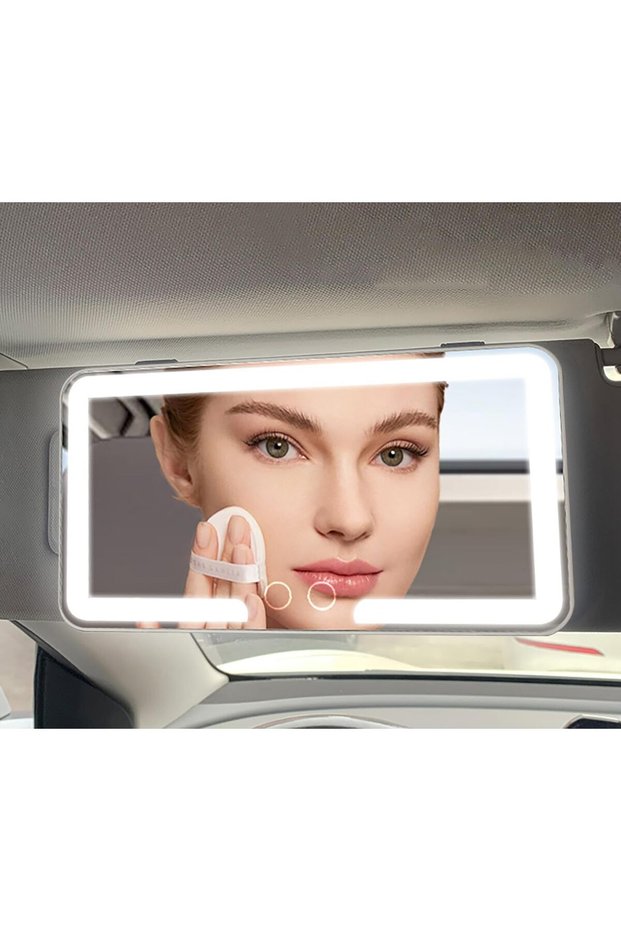 مرآة تجميل LED قابلة لإعادة الشحن للسيارة - مرآة مكياج بشاشة تعمل باللمس مع إضاءة قابلة للتعديل ومنفذ USB