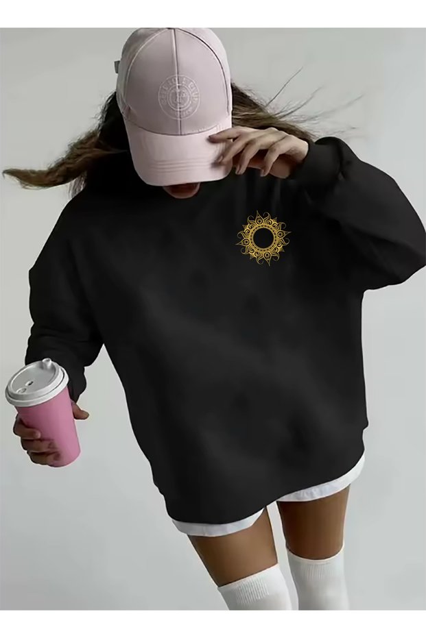 Drawing Trend Visual Mix Printed Oversize Basic Cotton Black Sweatshirt