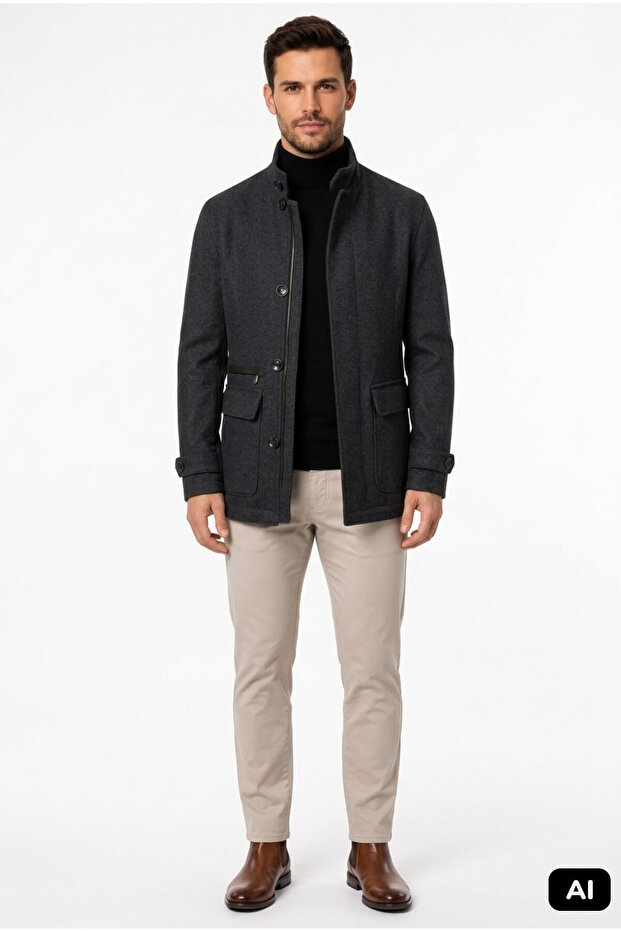 Anthracite Regular Fit Comfortable Fit Stand Collar 60% Wool Double Zipper Closure and Flap Pocket Coat
