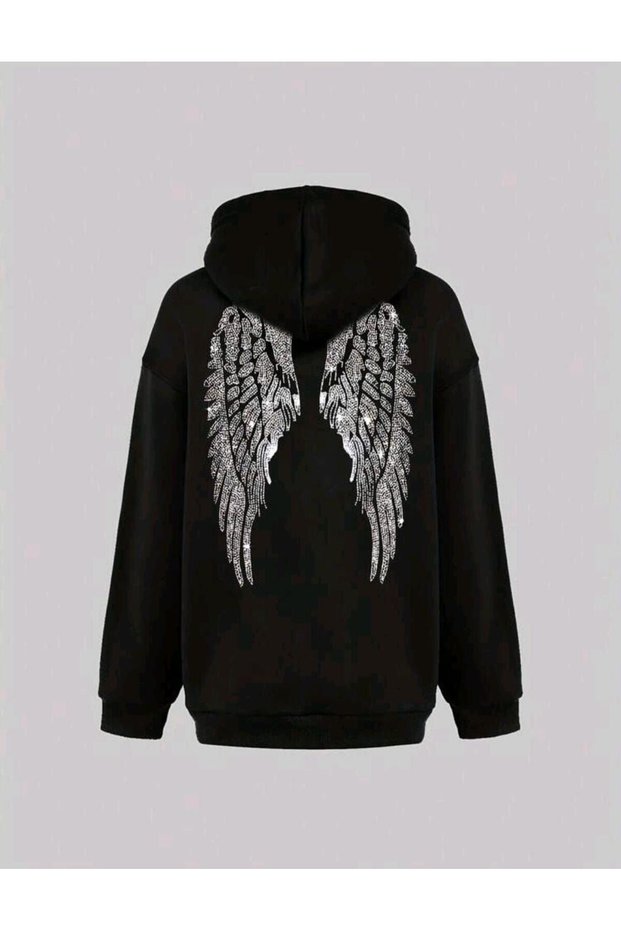 Fashionable Women's Winged Stone Printed 3 Threaded Yarn Embossed Fabric Hooded Oversize Sweatshirt