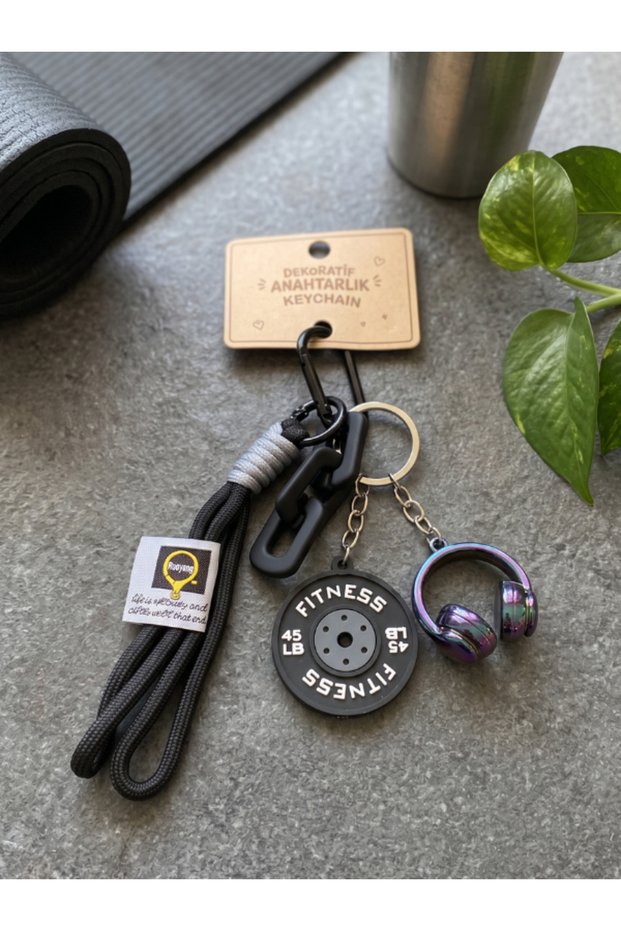 Fitness Themed Decorative Keychain Purple – Multiple Keychain with Sports Dumbbell and Headphone Figures