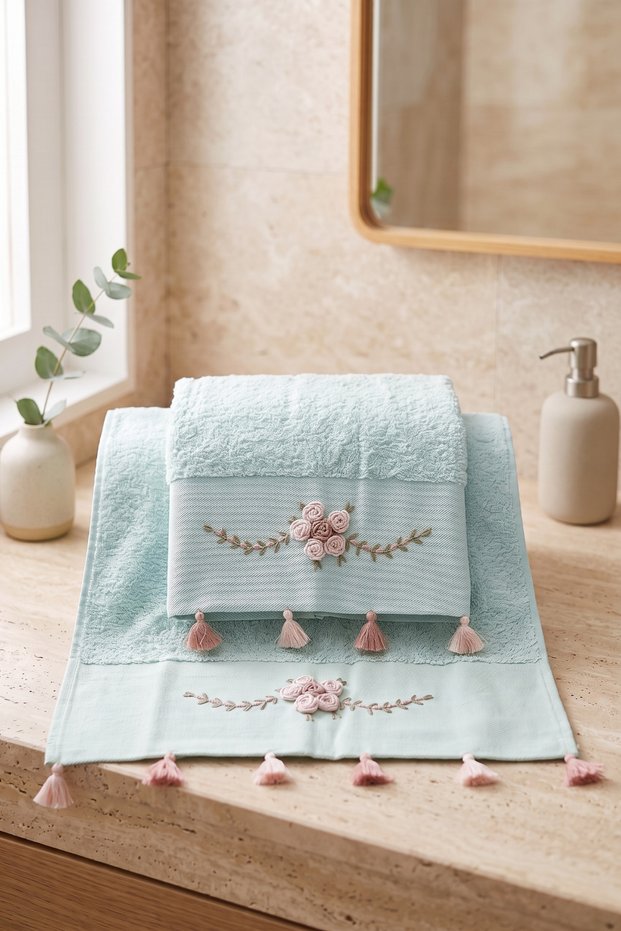 Tasseled and Embroidered Bath Towel Set |   70X140 cm Bath Towel, 50X90 cm Hand-Face-Hair Towel |   100% Cotton Hammam Set |   Dowry Box, Premium Set