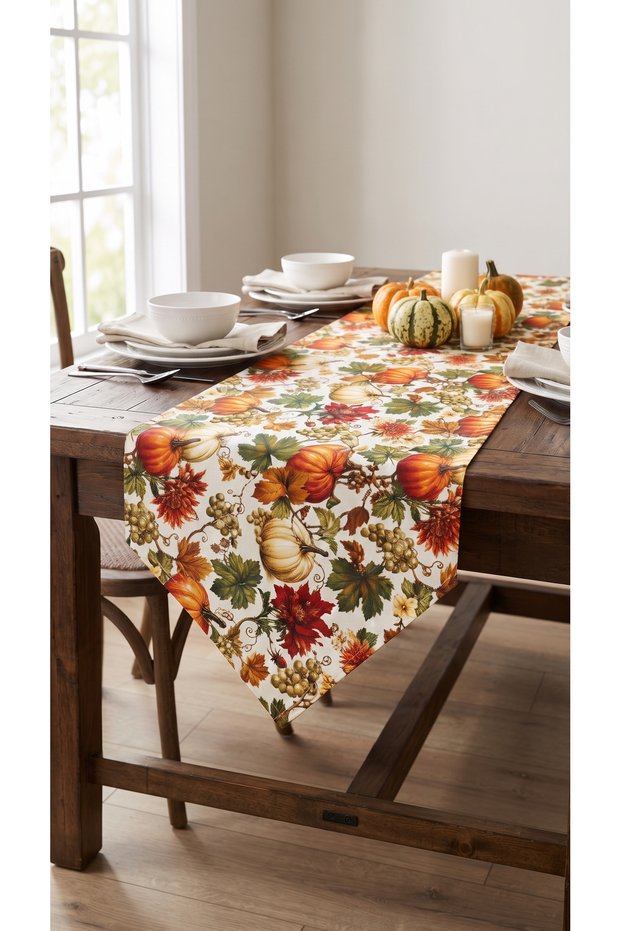 Duck Fabric Triangle-Tipped Runner 40X150 cm – Pumpkin, Autumn Leaf, and Grape Patterned, Water Repellent Stain-Resistant Table Runner