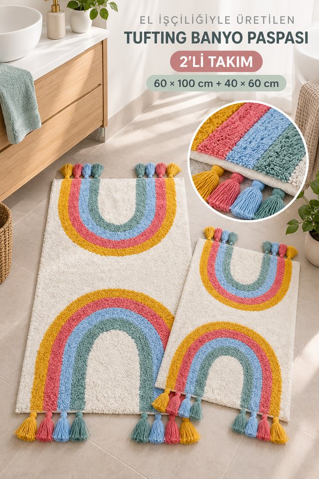 Bodrum Tufting Rainbow Cotton Handmade Knitted 2-Piece Mat Set