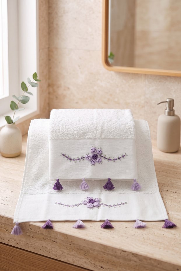 Tasseled and Embroidered Bath Towel Set | 70X140 cm Bath Towel, 50X90 cm Hand-Face-Hair Towel | 100% Cotton Hammam Set | Dowry Box, Premium Set